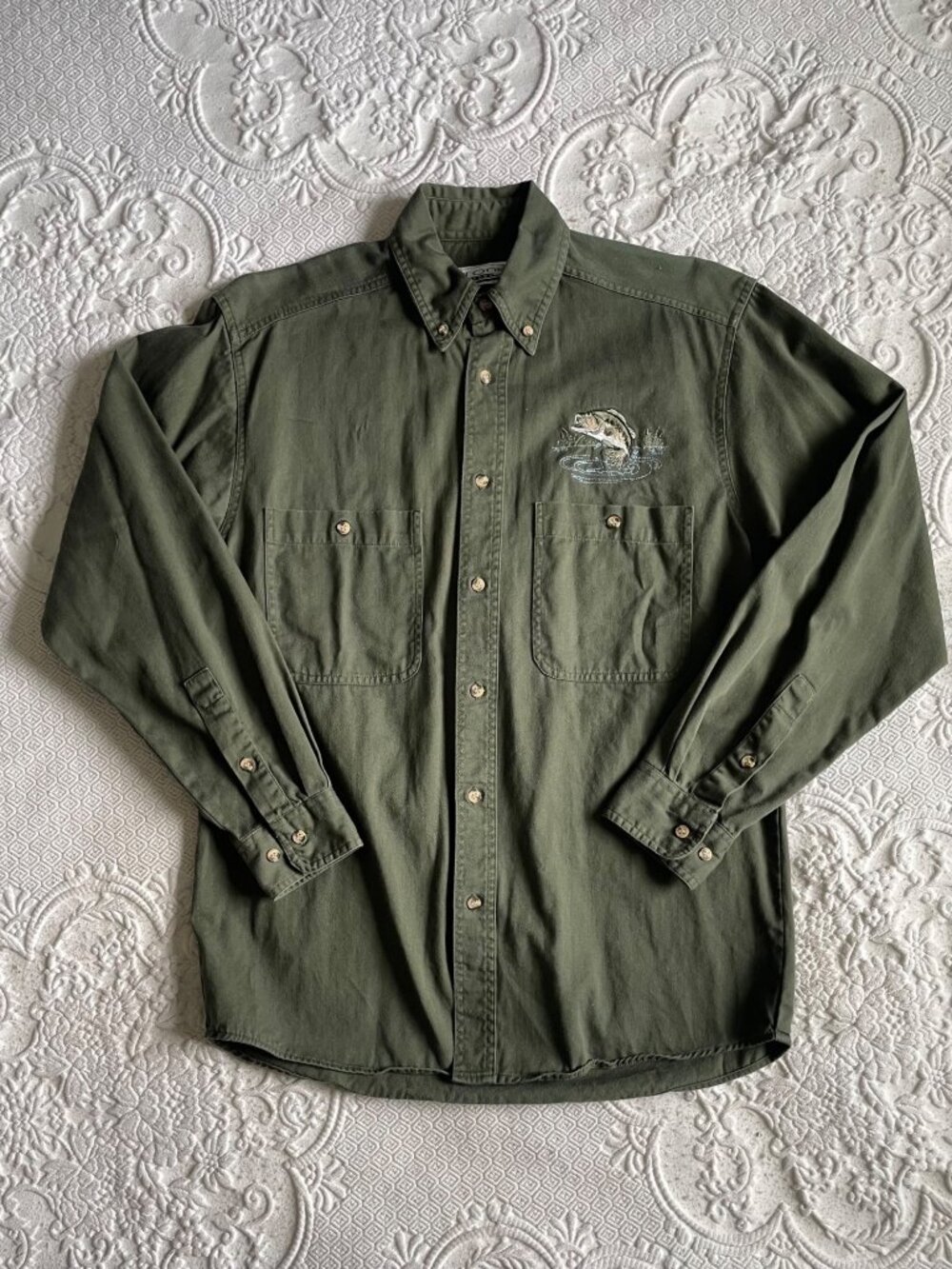 Vintage Stone Creek Green Embroidered Fish Button Down Shirt Men’s Size Small